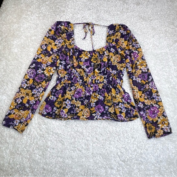 ASTR the Label Floral Flowers Elastic Cinch Waist Top Square Neck Boho Peasant M - Picture 4 of 10